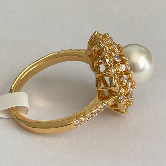 Art Deco Cubic Zirconia White Pearl Cocktail Ring Yellow Gold Plated Size 7 8 9 - Picture 7 of 16